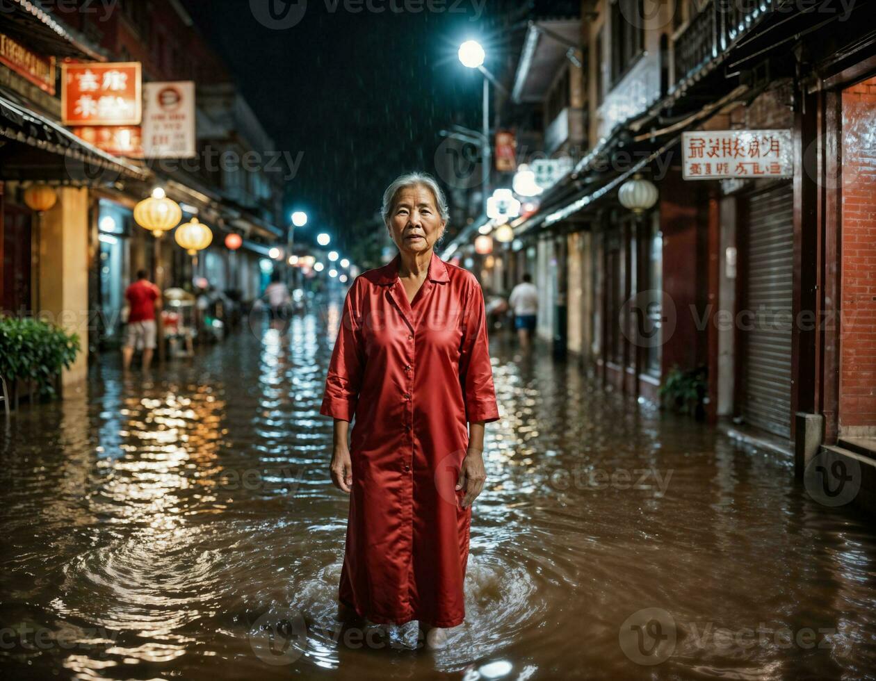 ai generiert Foto von Senior asiatisch Frau während schwer Regen und Flut auf Straße beim Chinatown Straße beim Nacht, generativ ai