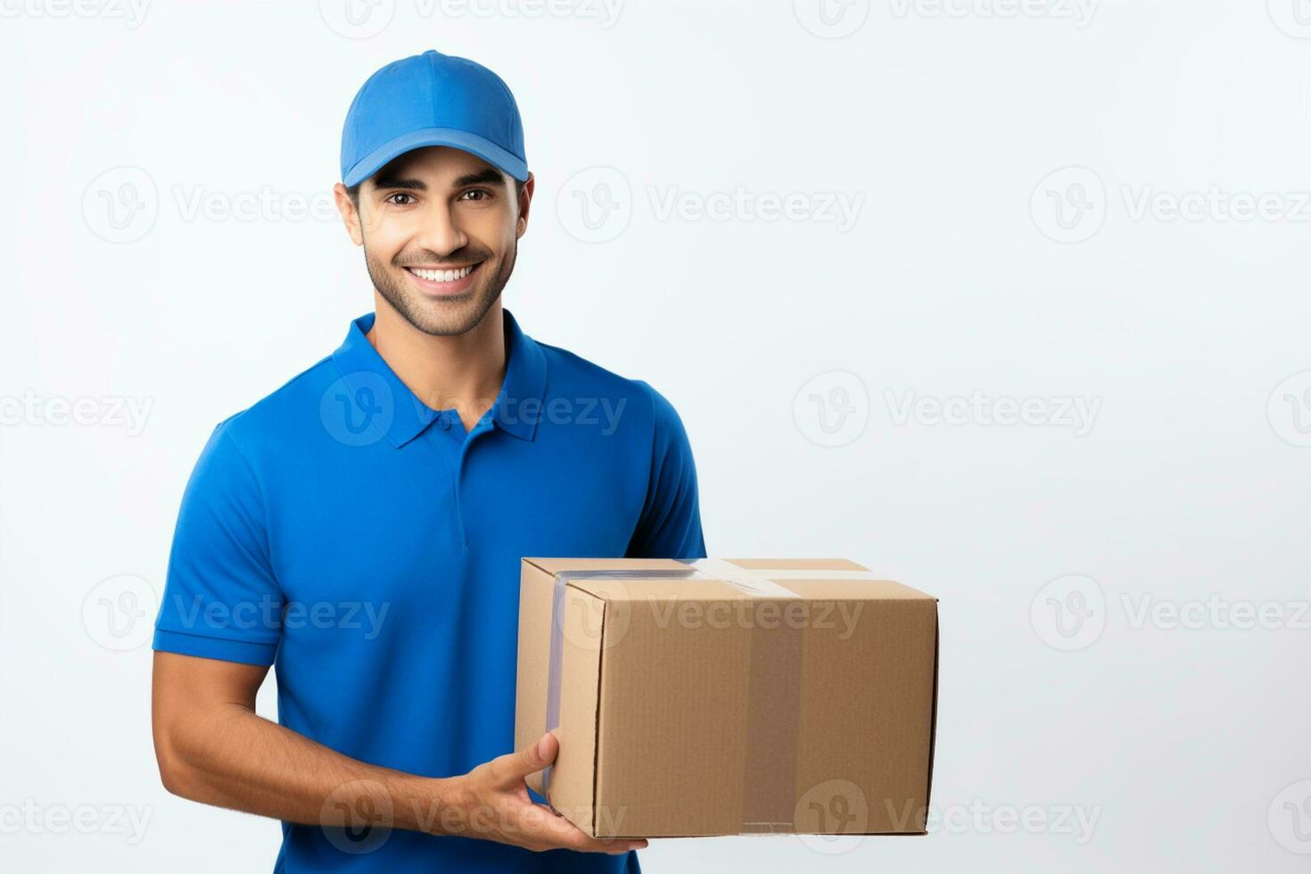 ai generiert Lieferung Mann tragen Blau Hemd und Deckel halten Karton Box auf ein Weiß Hintergrund foto
