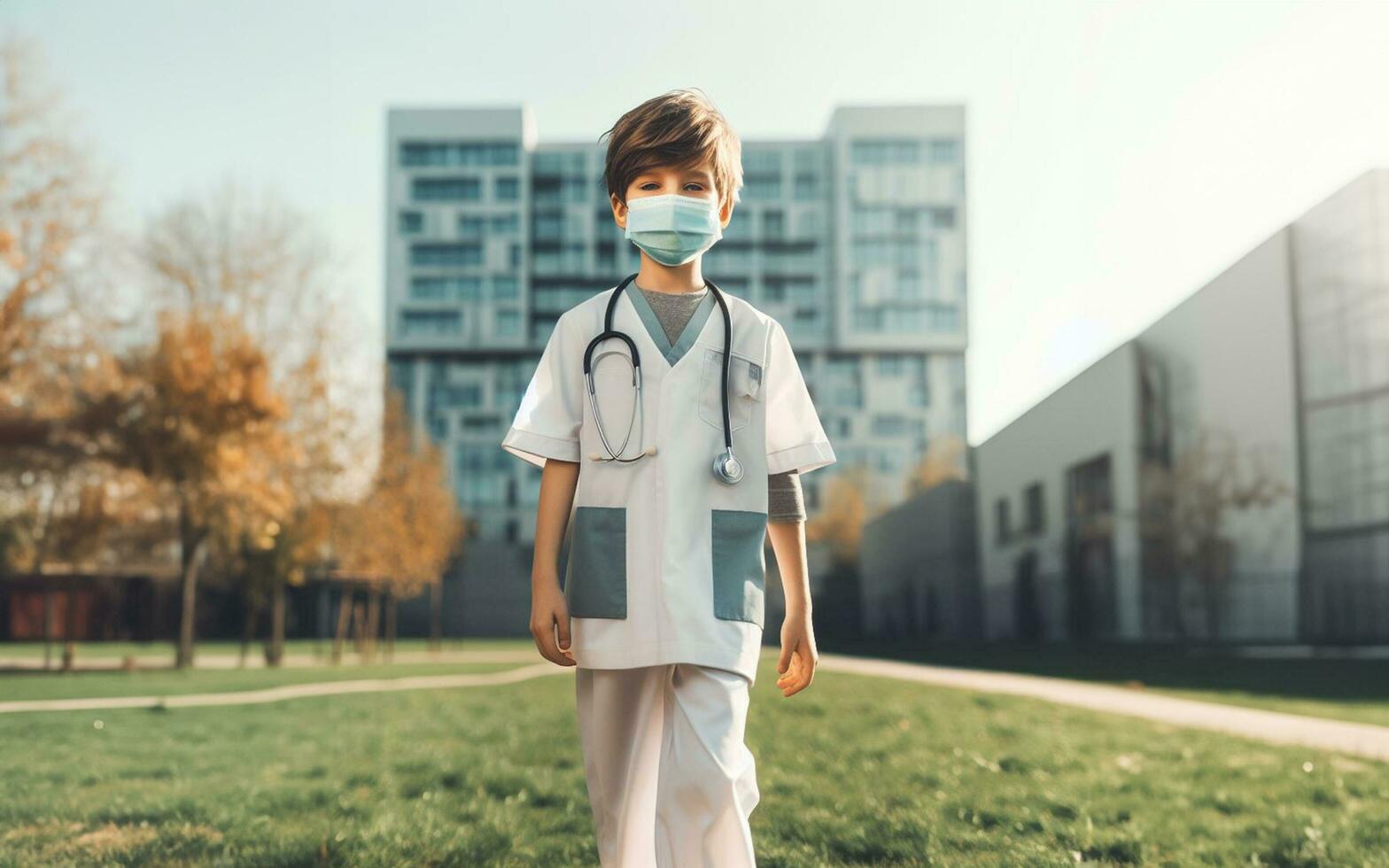ai generiert 10 Jahr alt Kind im Arzt Uniform Behandlung Patienten Krankenhaus Hintergrund Kinder- Zukunft Werdegang Ideen foto
