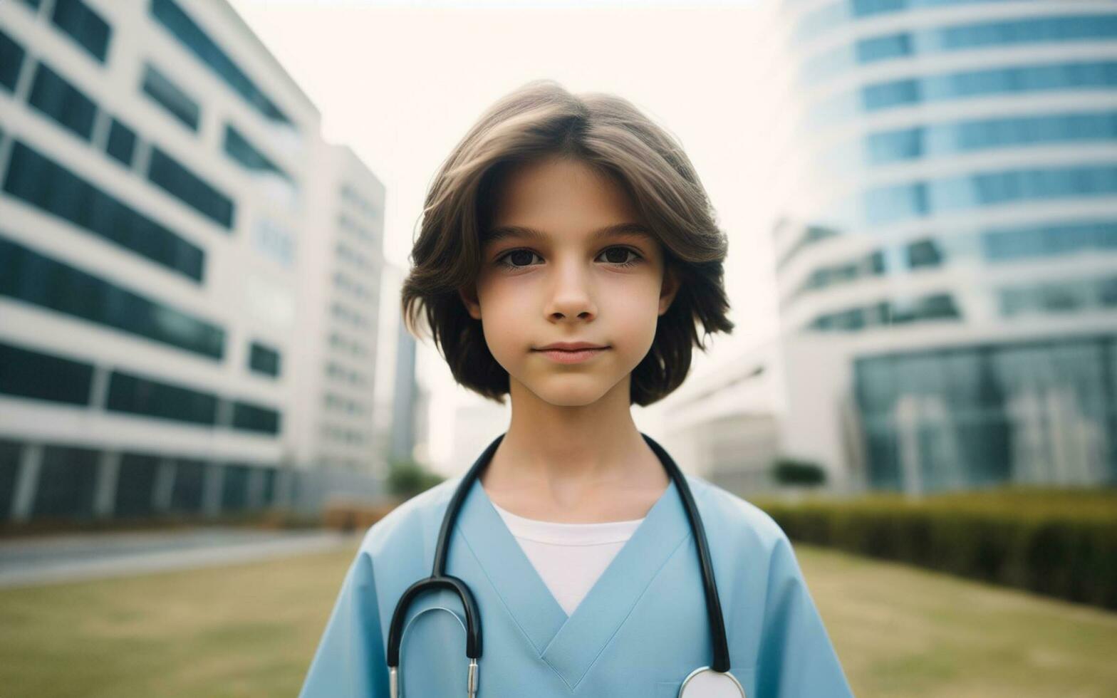 ai generiert 10 Jahr alt Kind im Arzt Uniform Behandlung Patienten Krankenhaus Hintergrund Kinder- Zukunft Werdegang Ideen foto