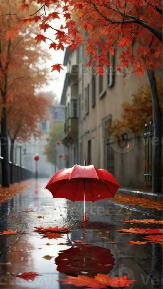 ai generiert Stadtbild mit rot Regenschirm reflektieren im nass Pflaster auf regnerisch Herbst Tag foto