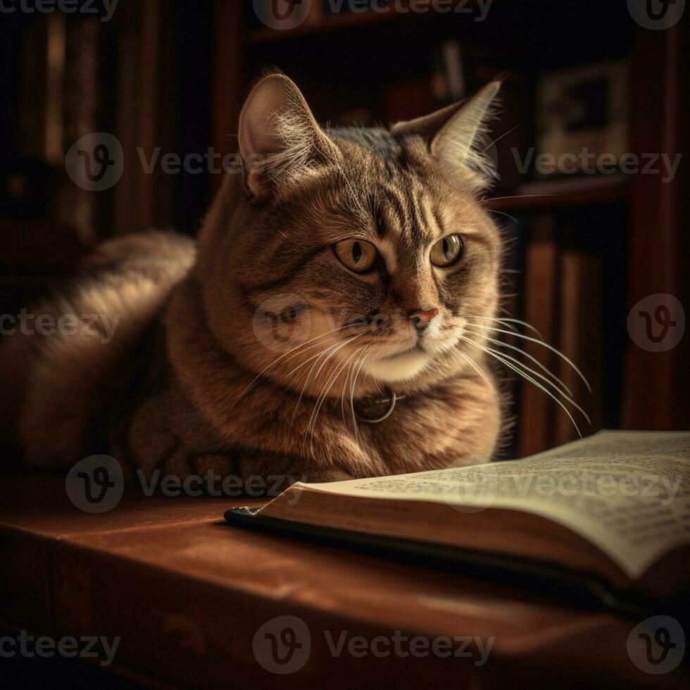 Foto von ein schön Katze mit Brille lesen ein Buch ai generativ