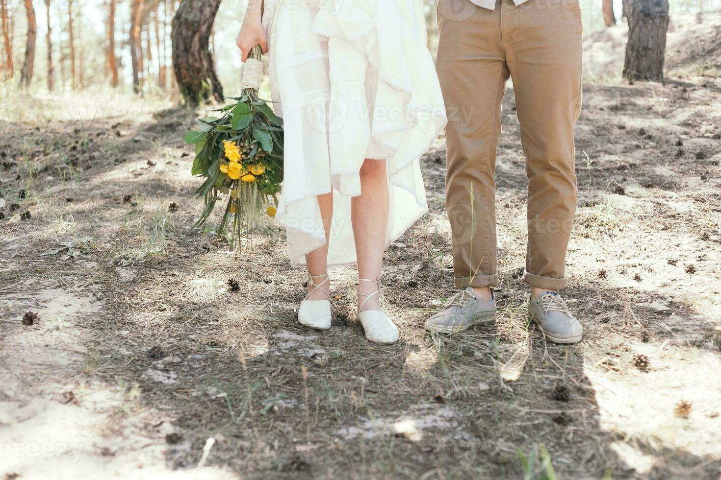 Hochzeit gehen im das Kiefer Wald. sonnig Tag. foto