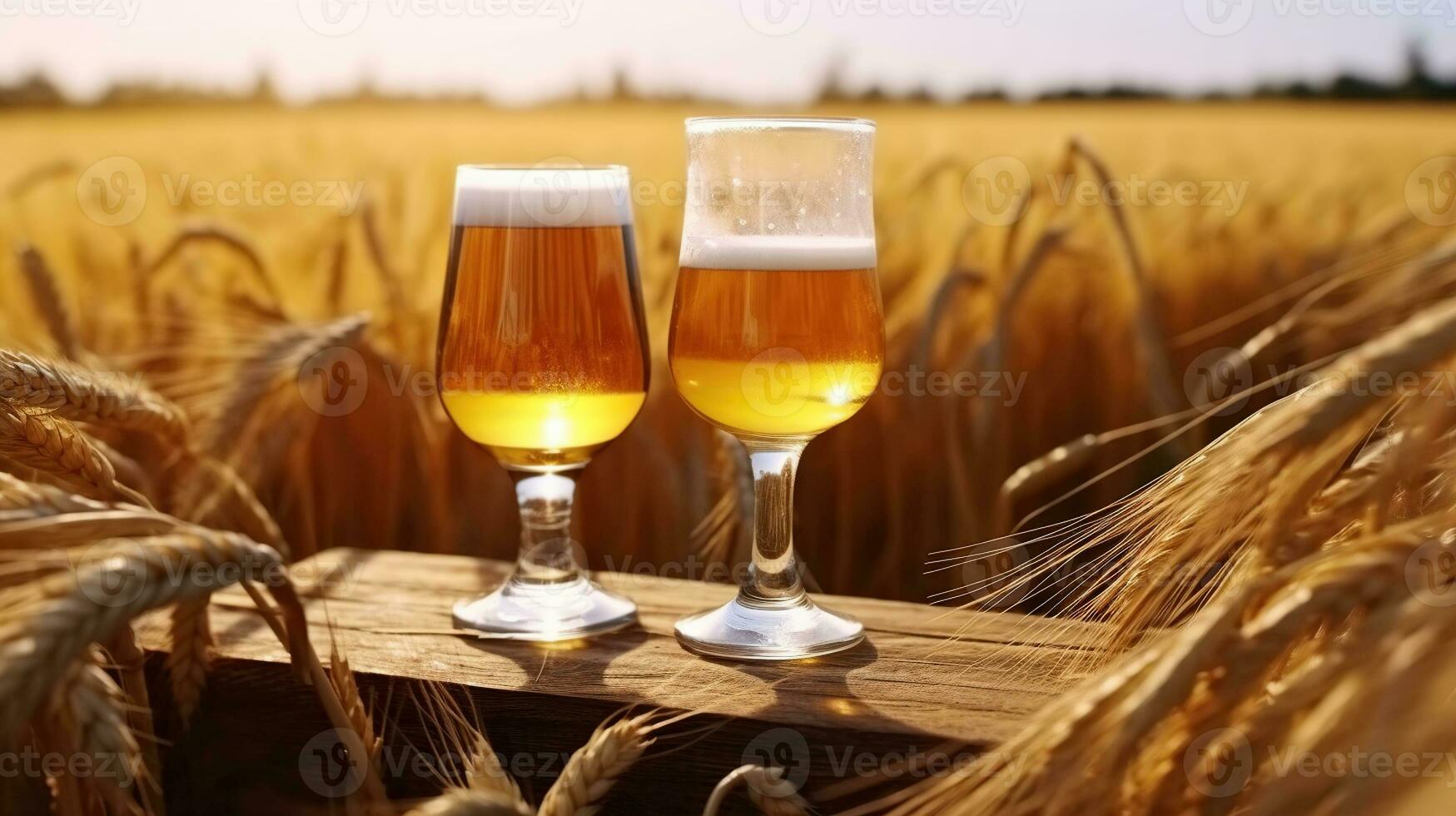 Licht, ungefiltert und dunkel Brille von Bier im ein Weizen Feld, generativ ai foto