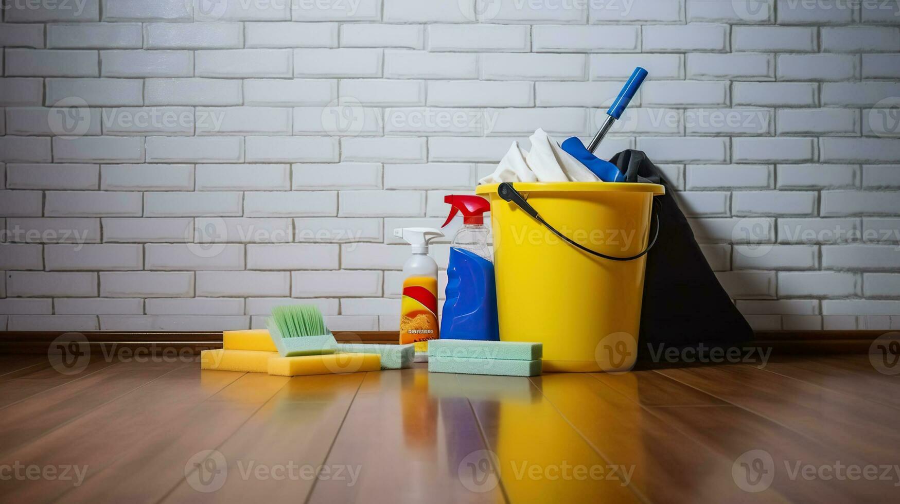 Reinigung Artikel neigen zu ein laminieren Fußboden im ein leeren Backstein Mauer Zimmer. generativ ai foto