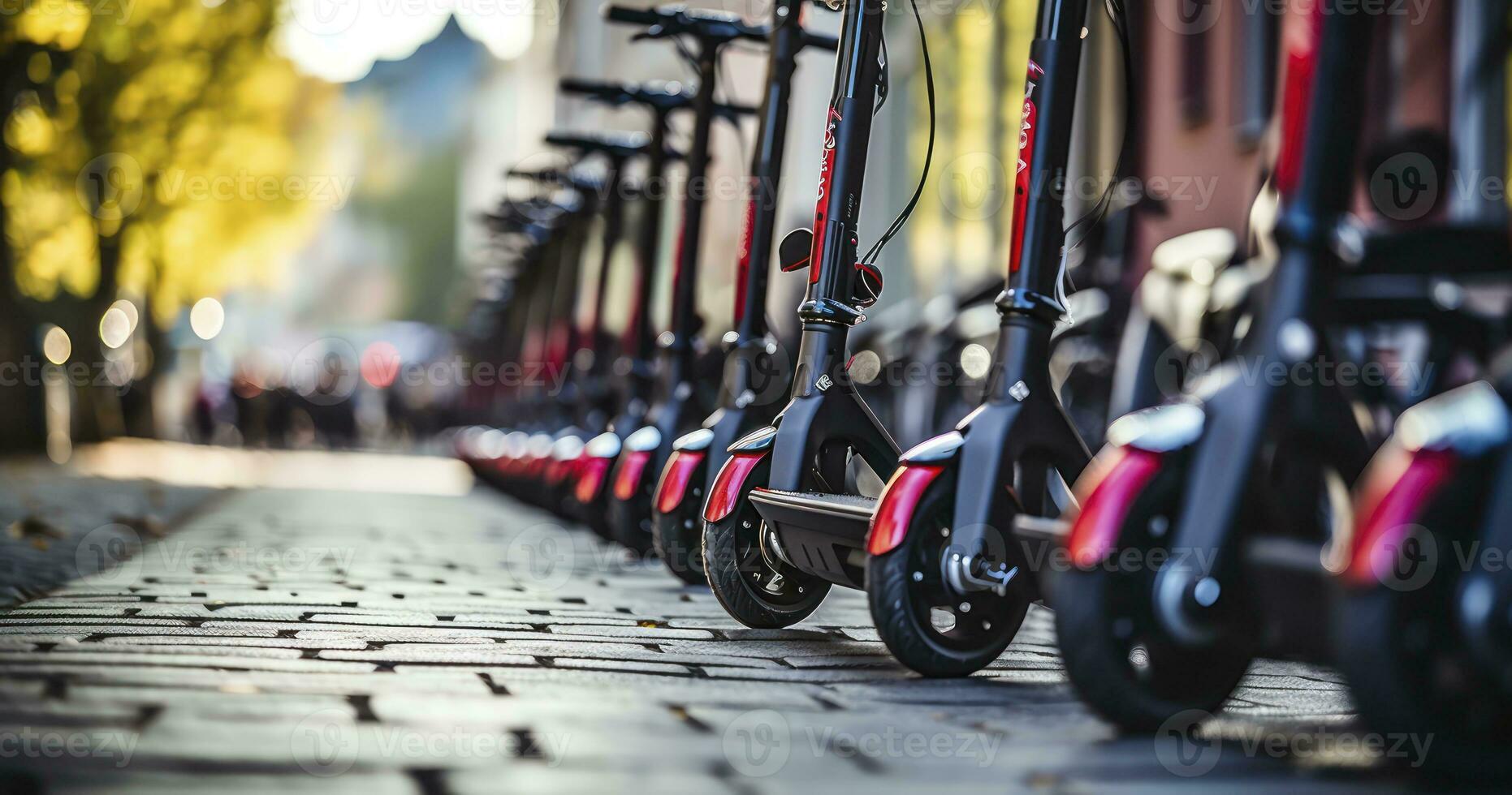 mehrere rot E-Scooter Stand im ein Reihe zum mieten. elektrisch Roller warten beim das Randstein bereit zu Sein gemietet und Gefahren weg. generativ ai foto