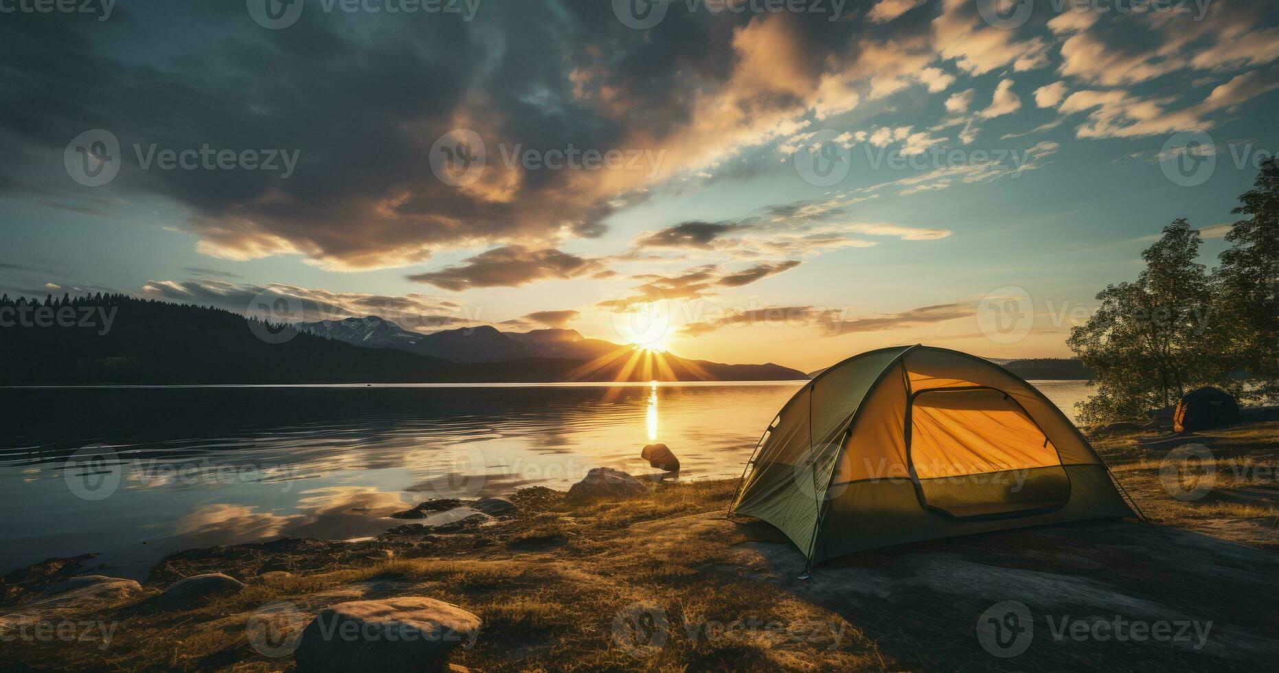 ein Zelt aufgeschlagen durch das See bietet an atemberaubend Ansichten von das Sonnenaufgang oder Sonnenuntergang. generativ ai foto