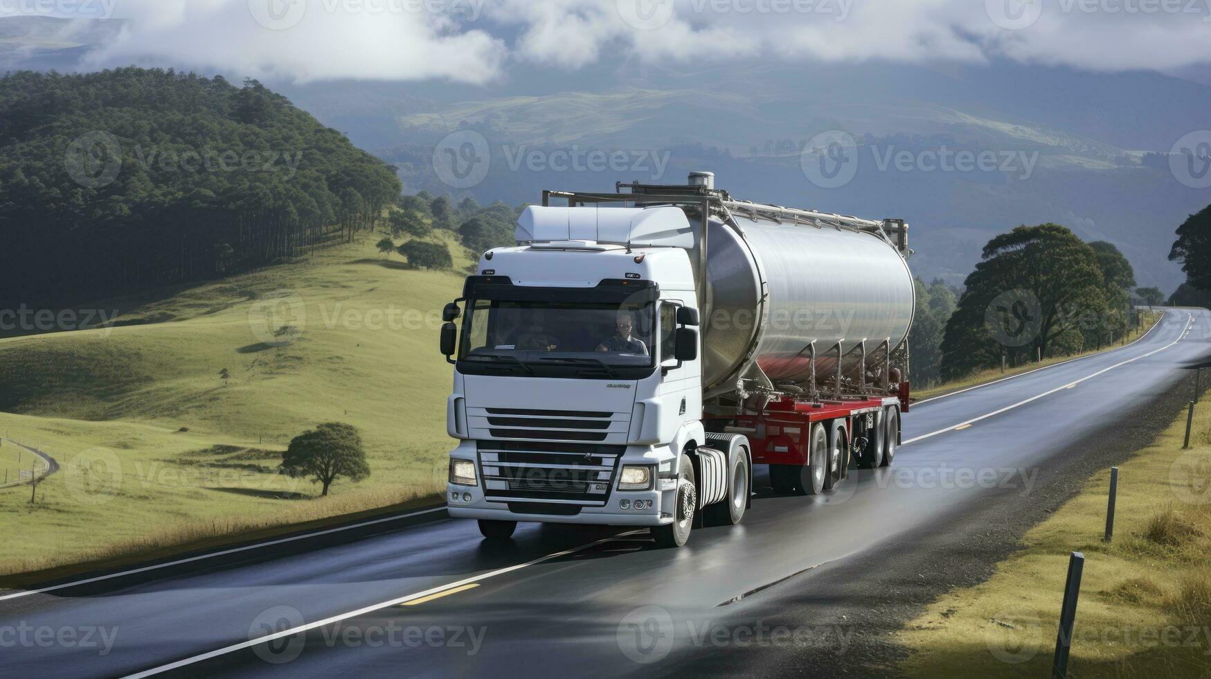 durch Wiesen. ein Milch Tanker Wanderung auf das ländlich Straße. generativ ai foto