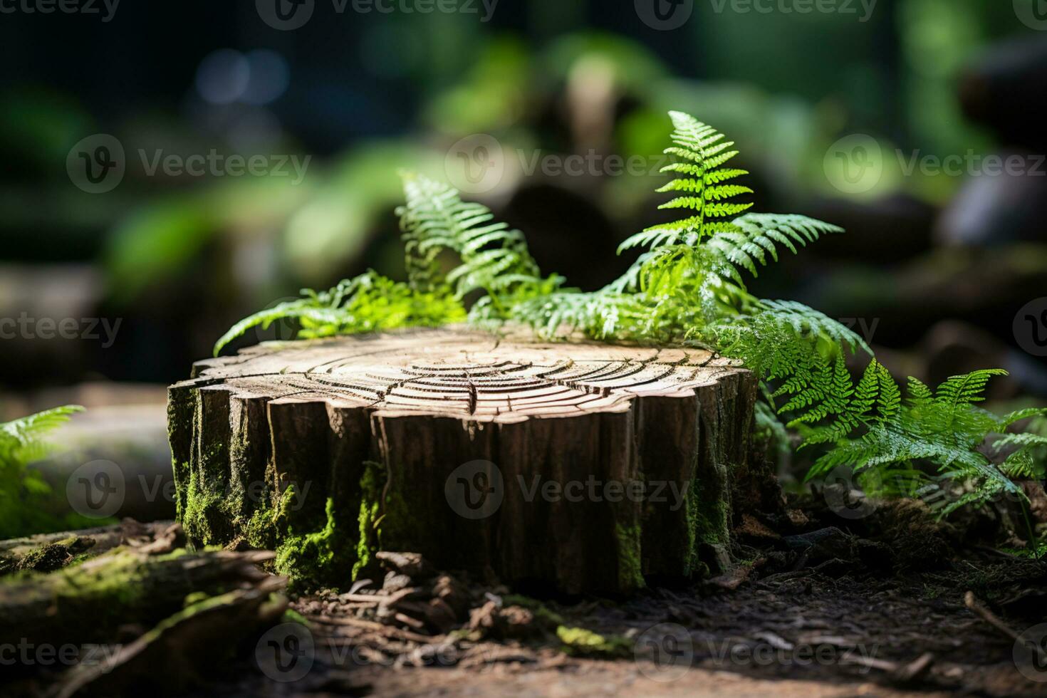 Komposition von Baum Stumpf mit verschwommen tropisch Hintergrund Kopieren Raum ai generiert foto