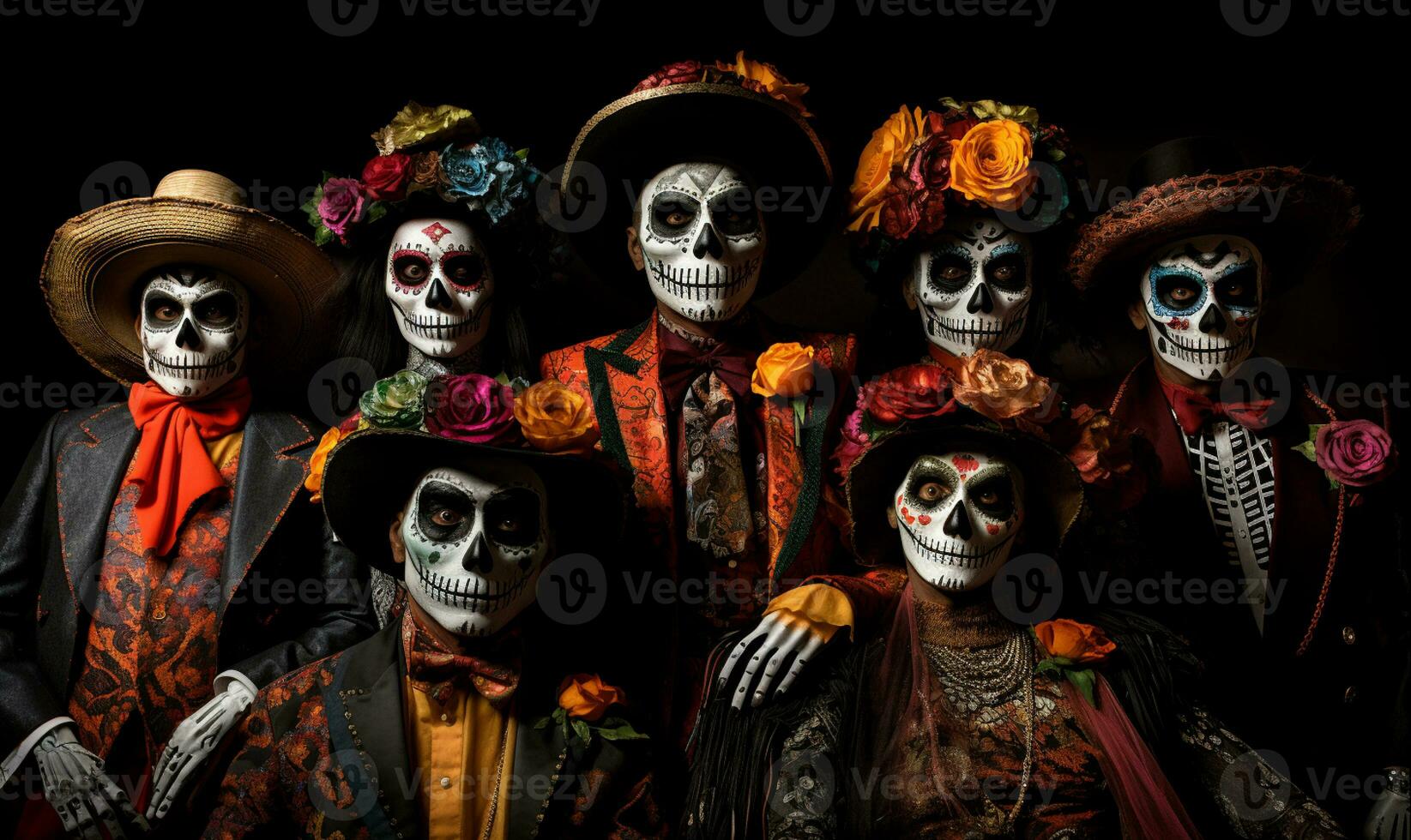 Tag von das tot Mexiko, ai generativ voll Familie Porträt tragen Kostüme. Porträt, Schädel, dia de los Muertos. foto