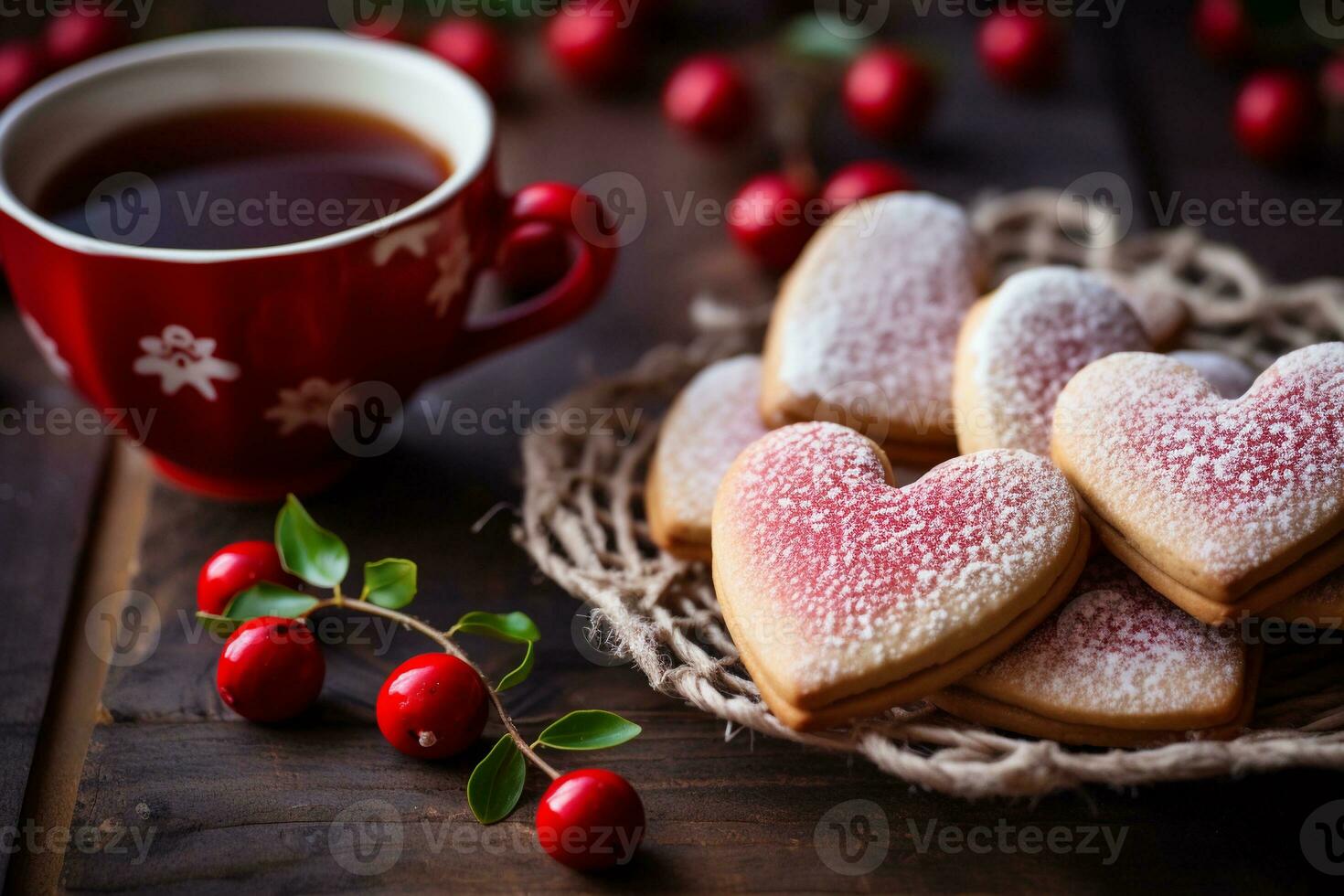 ai generiert hausgemacht Herz geformt Kekse und ein Tasse von Tee oder Kaffee auf das Tisch, schließen hoch. Valentinstag Tag. ai generiert. foto