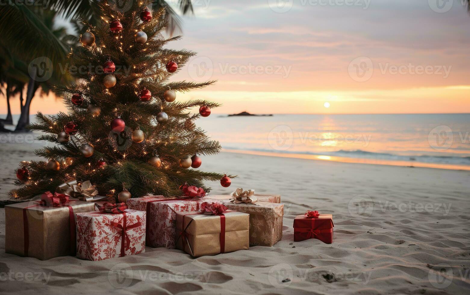 ai generiert generativ ai, Weihnachten auf das Strand. Geschenke, Weihnachten Baum, Palme, Ozean und Stühle. Ferien Konzept foto