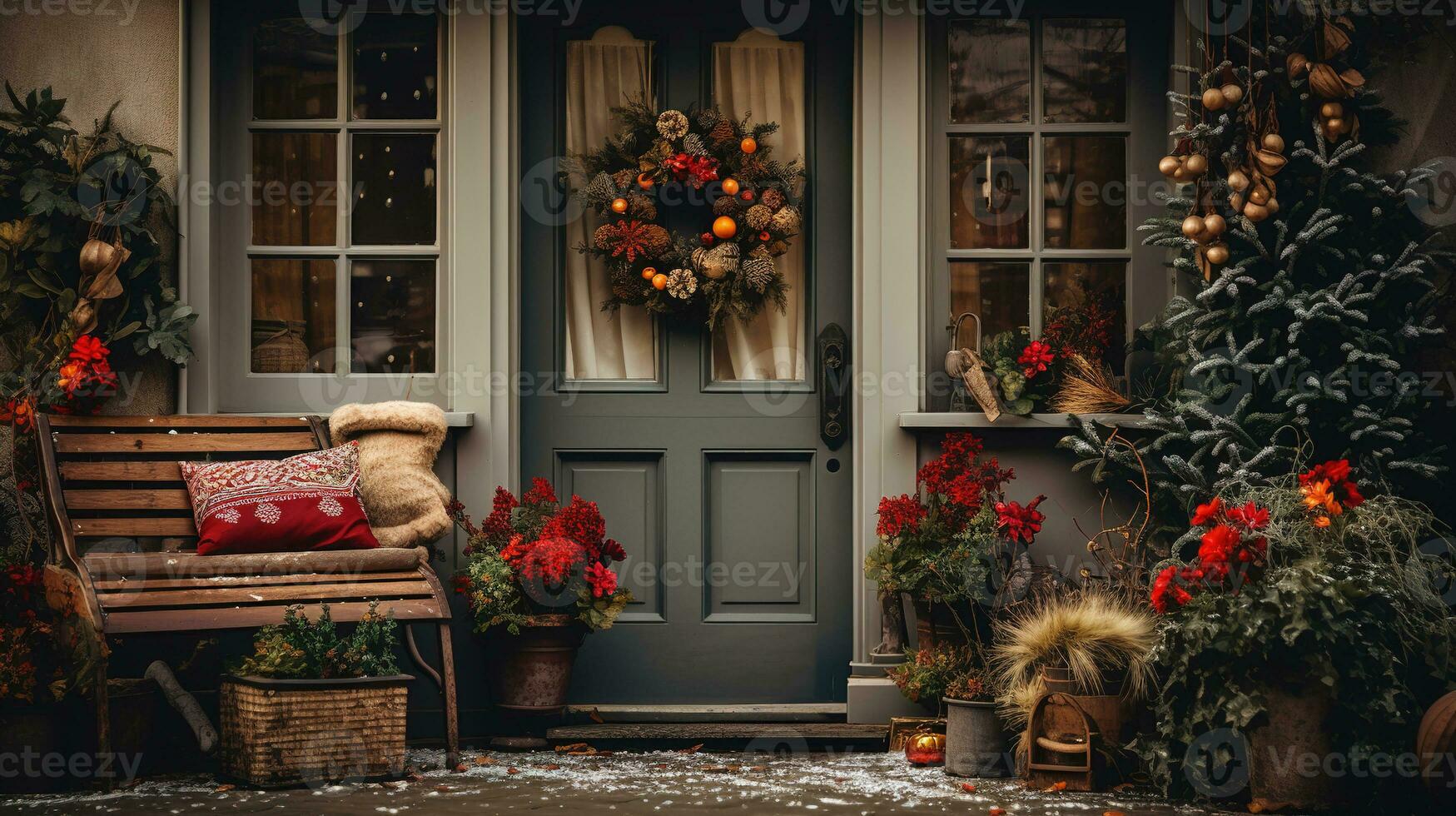 ai generiert generativ ai, Vorderseite Tür mit Weihnachten Dekoration, Kranz und Girlande, stumm geschaltet Farben, Hütte rustikal Türöffnung foto