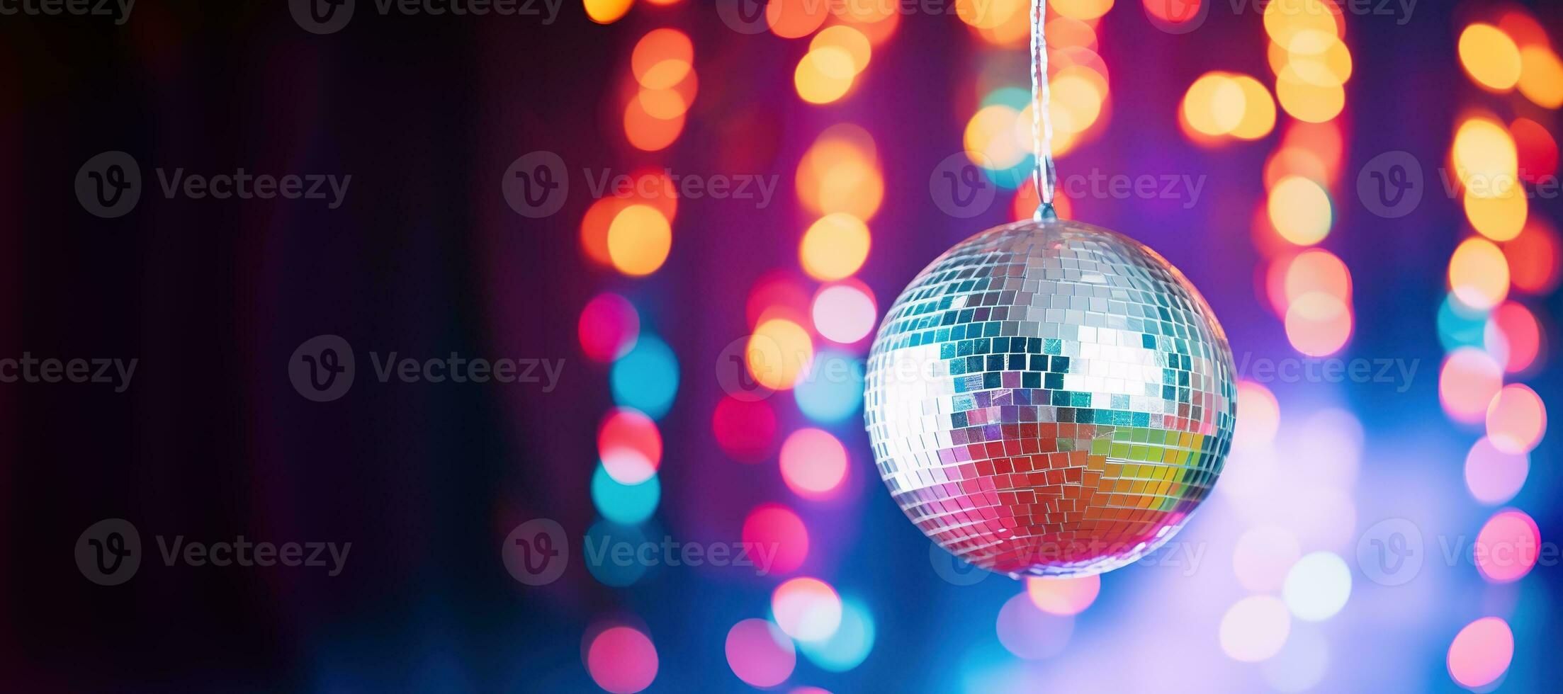 ai generiert generativ ai, Disko glänzend Ball, Party reflektieren bunt Beleuchtung zum Musik- übertragen, Nacht Vereine, Musical Banner foto