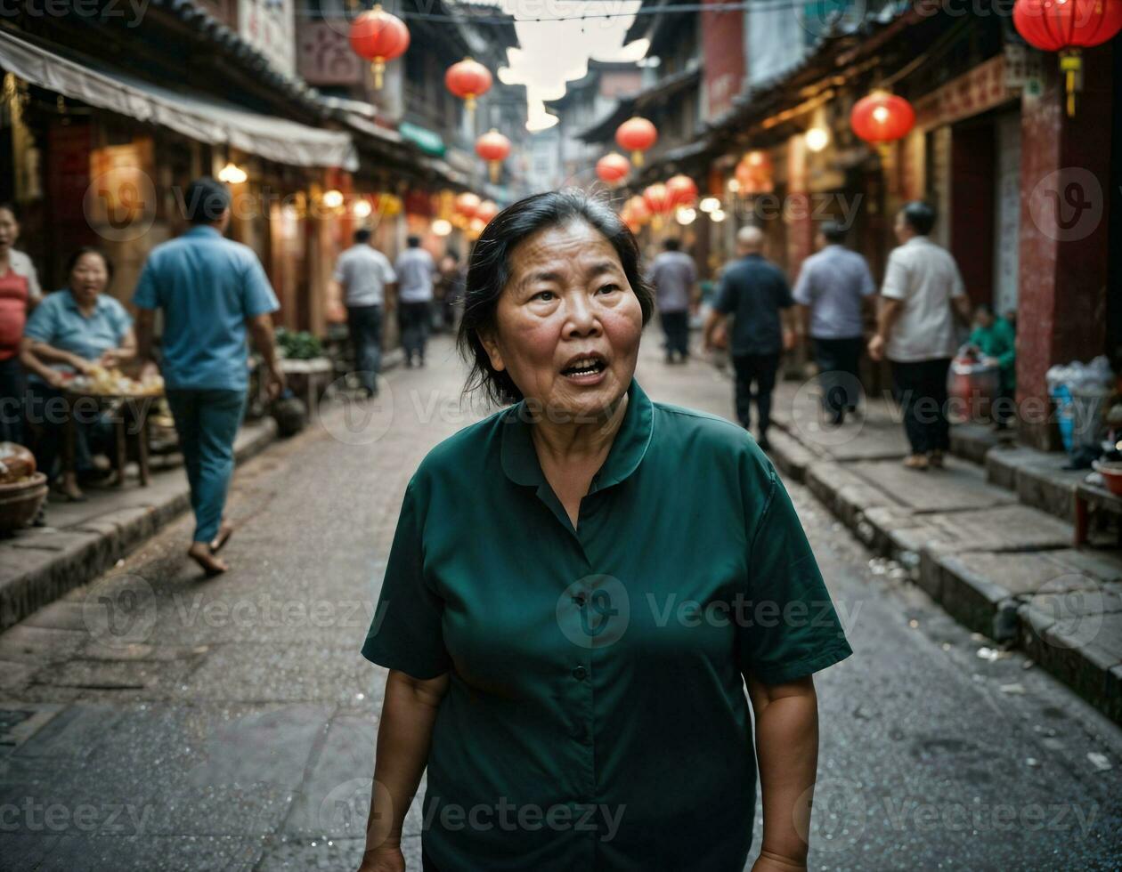 Foto von Senior alt Frau mit wütend Stimmung im China lokal Straße Markt beim Nacht, generativ ai