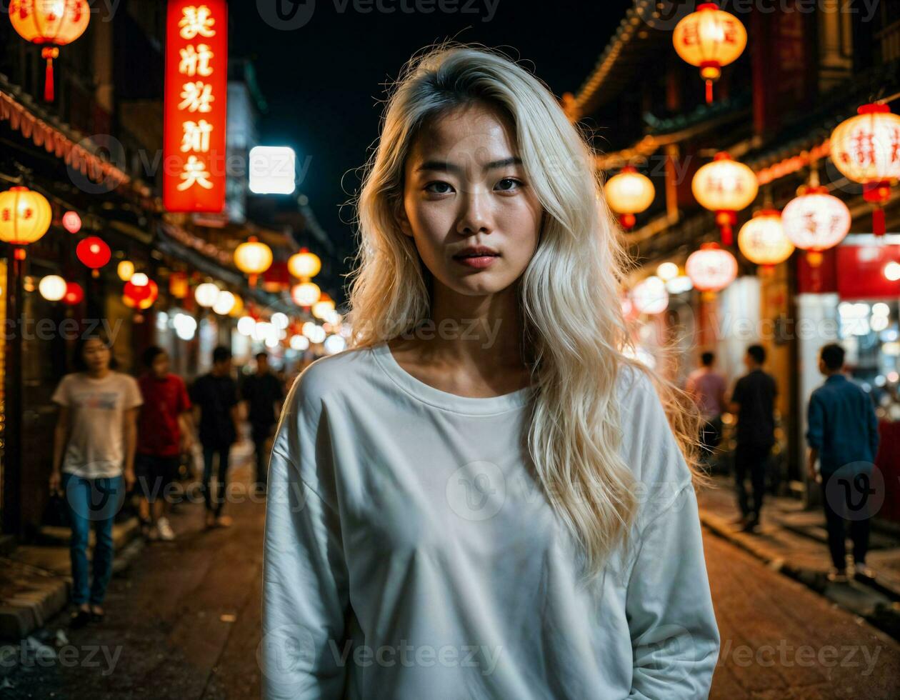 Foto von schön jung Mädchen im China lokal Straße Markt beim Nacht, generativ ai