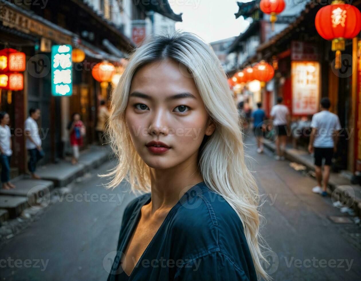 Foto von schön jung Mädchen im China lokal Straße Markt beim Nacht, generativ ai