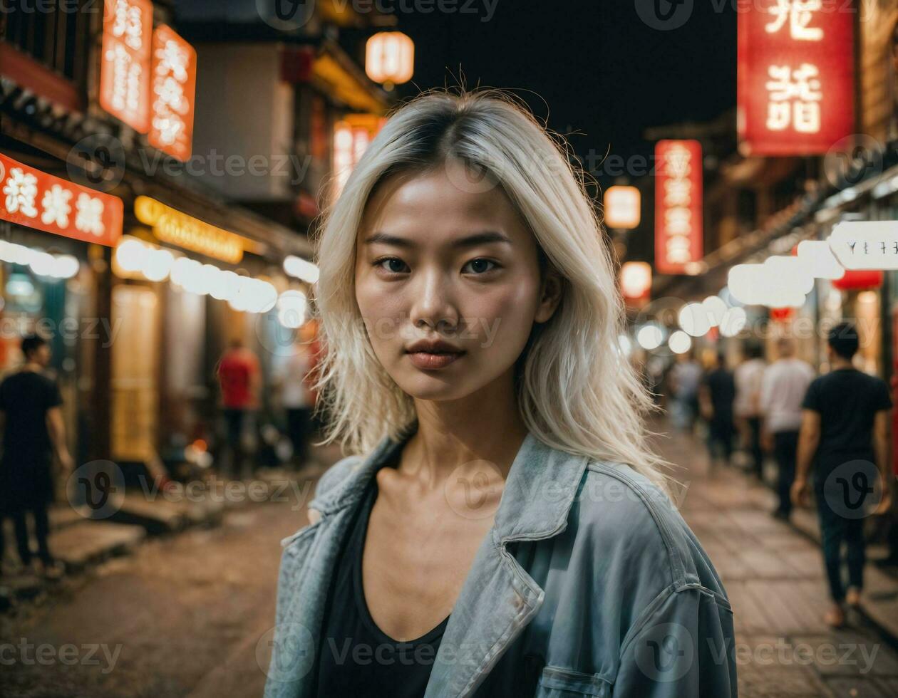 Foto von schön jung Mädchen im China lokal Straße Markt beim Nacht, generativ ai