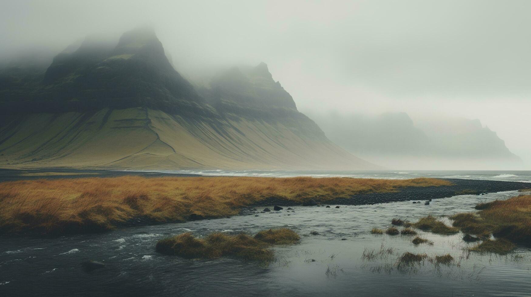 ai generiert generativ ai, Island schön nebelig wild Landschaft mit Berge, ästhetisch stumm geschaltet Farben, foto