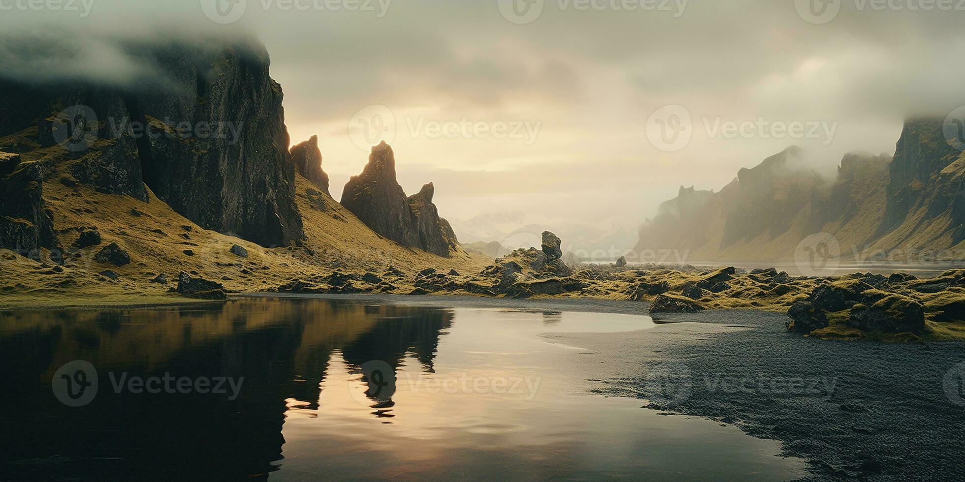 ai generiert generativ ai, Island schön nebelig wild Landschaft mit Berge, ästhetisch stumm geschaltet Farben, foto