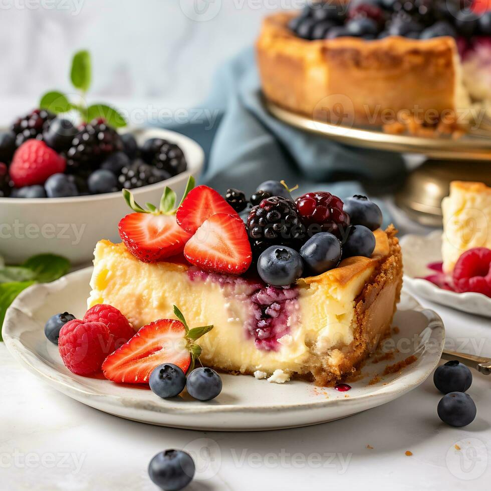 ai generiert hausgemacht Kuchen mit Erdbeeren, Blaubeeren, Blaubeeren auf ein Weiß Teller. köstlich Frühstück foto