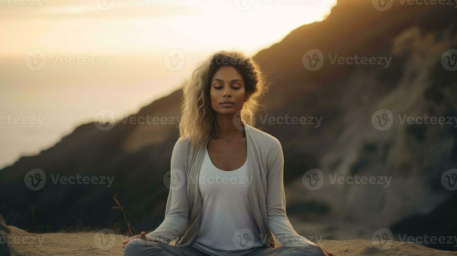 ai generiert generativ ai, Frau tun Meditation, ästhetisch stumm geschaltet Beige Farben foto