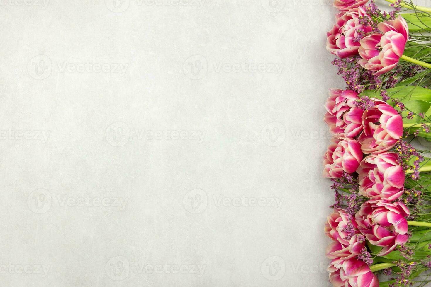 Rosa Tulpen Blumen auf Licht grau Beton Hintergrund. Valentinstag, Damen, Mütter Tag, Ostern, Geburtstag oder Hochzeit Frühling Urlaub eben legen. oben Sicht. Kopieren Raum. foto