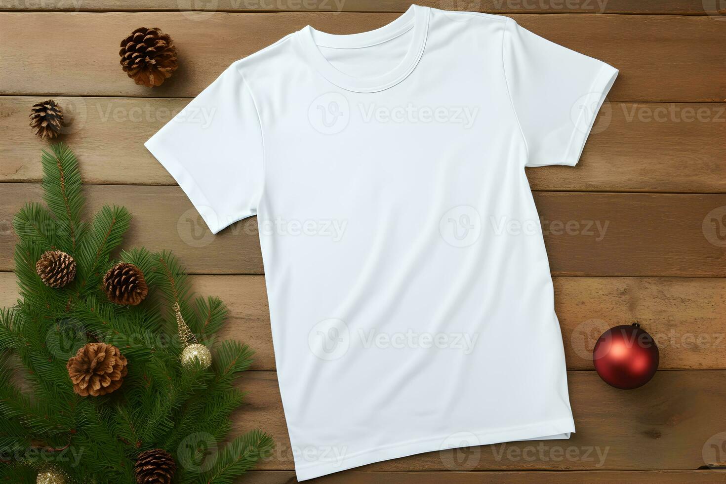 Weiß T-Shirt Weihnachten Attrappe, Lehrmodell, Simulation mit Tanne Baum Geäst, Zapfen und Bälle Dekoration auf hölzern Hintergrund. Design t Hemd Vorlage, drucken Präsentation spotten hoch. oben Aussicht eben legen. ai generativ foto