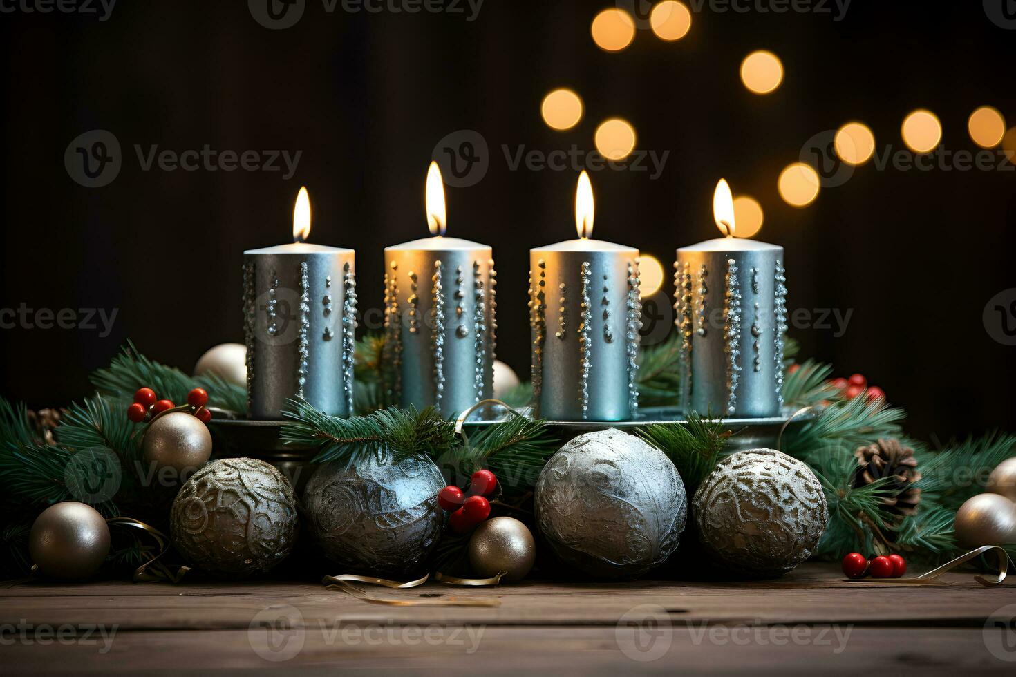vier Silber Verbrennung Kerzen mit Dekoration zum Deutsche Advent Jahreszeit. Weihnachten Kranz auf dunkel Hintergrund. ai generativ foto