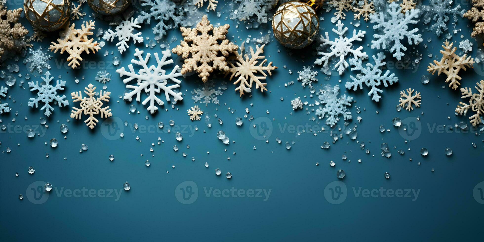 Weihnachten eben legen Banner mit Schnee, Schneeflocken, schön Makro Schuss auf das dunkel Marine Blau Hintergrund mit Kopieren Raum. ai generativ foto