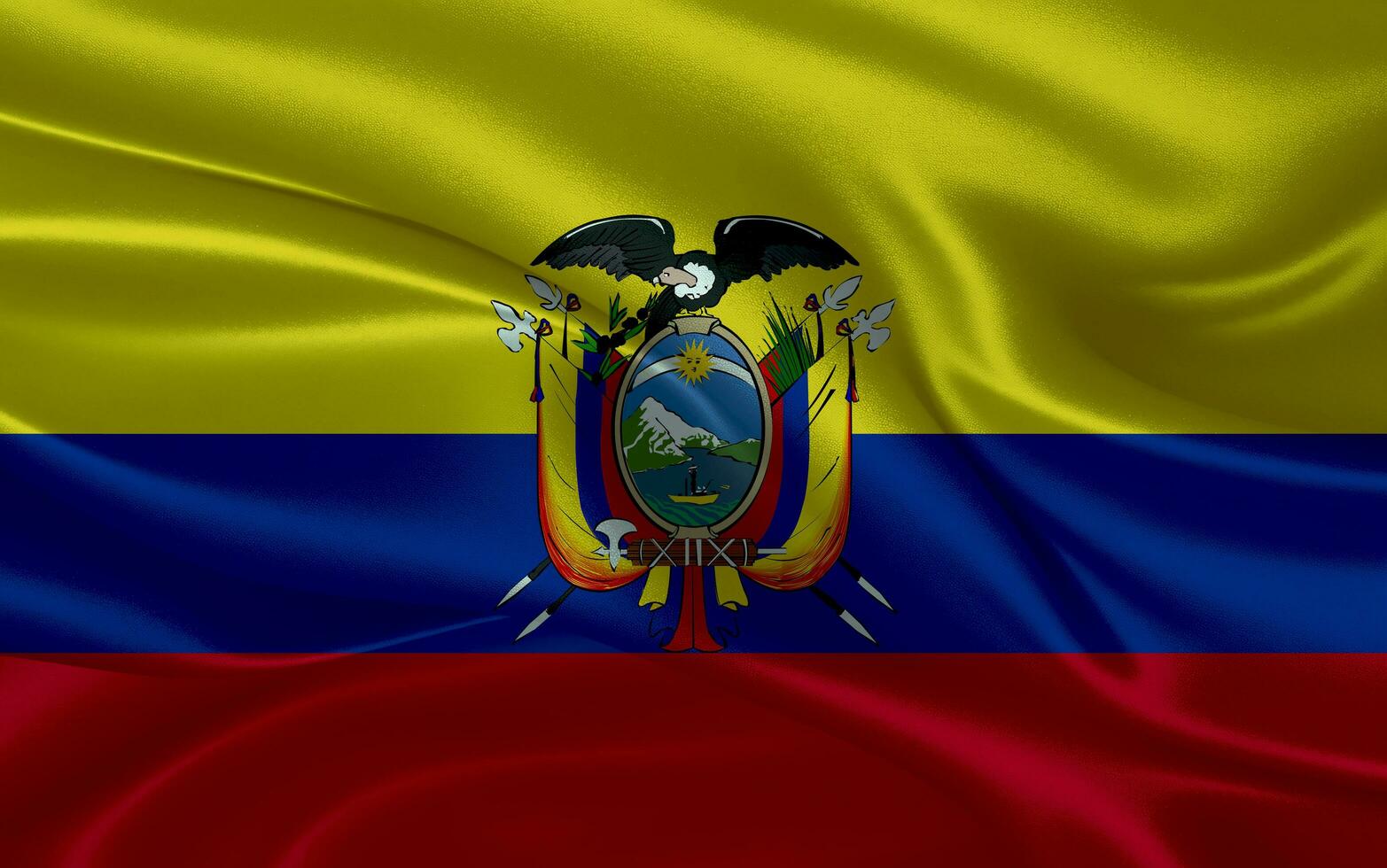 3d winken realistisch Seide National Flagge von Ecuador. glücklich National Tag Ecuador Flagge Hintergrund. schließen oben foto