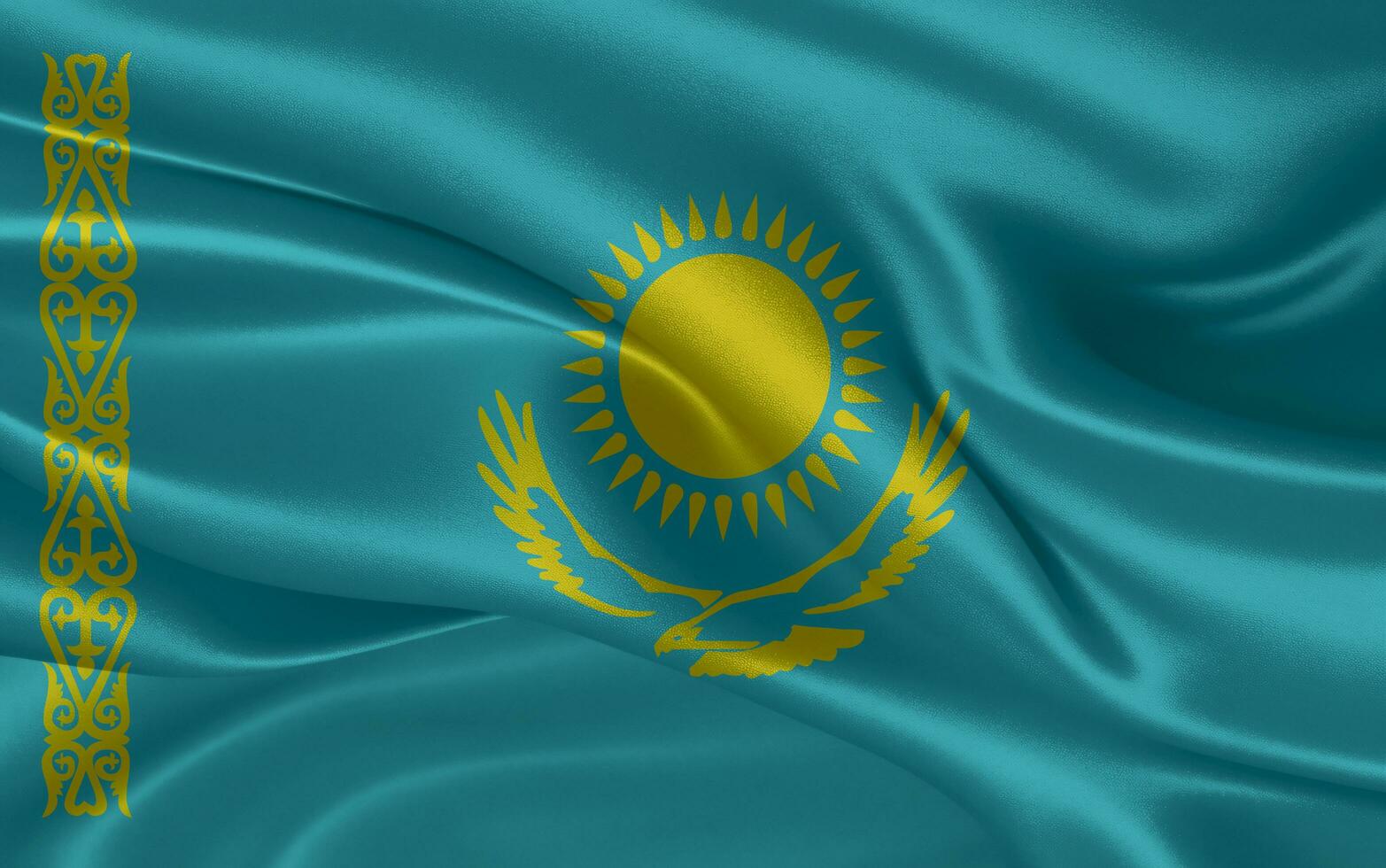 3d winken realistisch Seide National Flagge von Kasachstan. glücklich National Tag Kasachstan Flagge Hintergrund. schließen oben foto