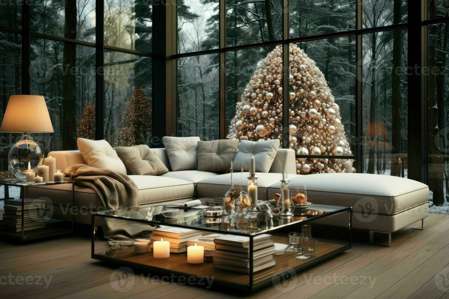ai generativ, stilvoll Innere von Leben Zimmer mit dekoriert Weihnachten Baum, Luxus Leben Zimmer Neu Jahr foto