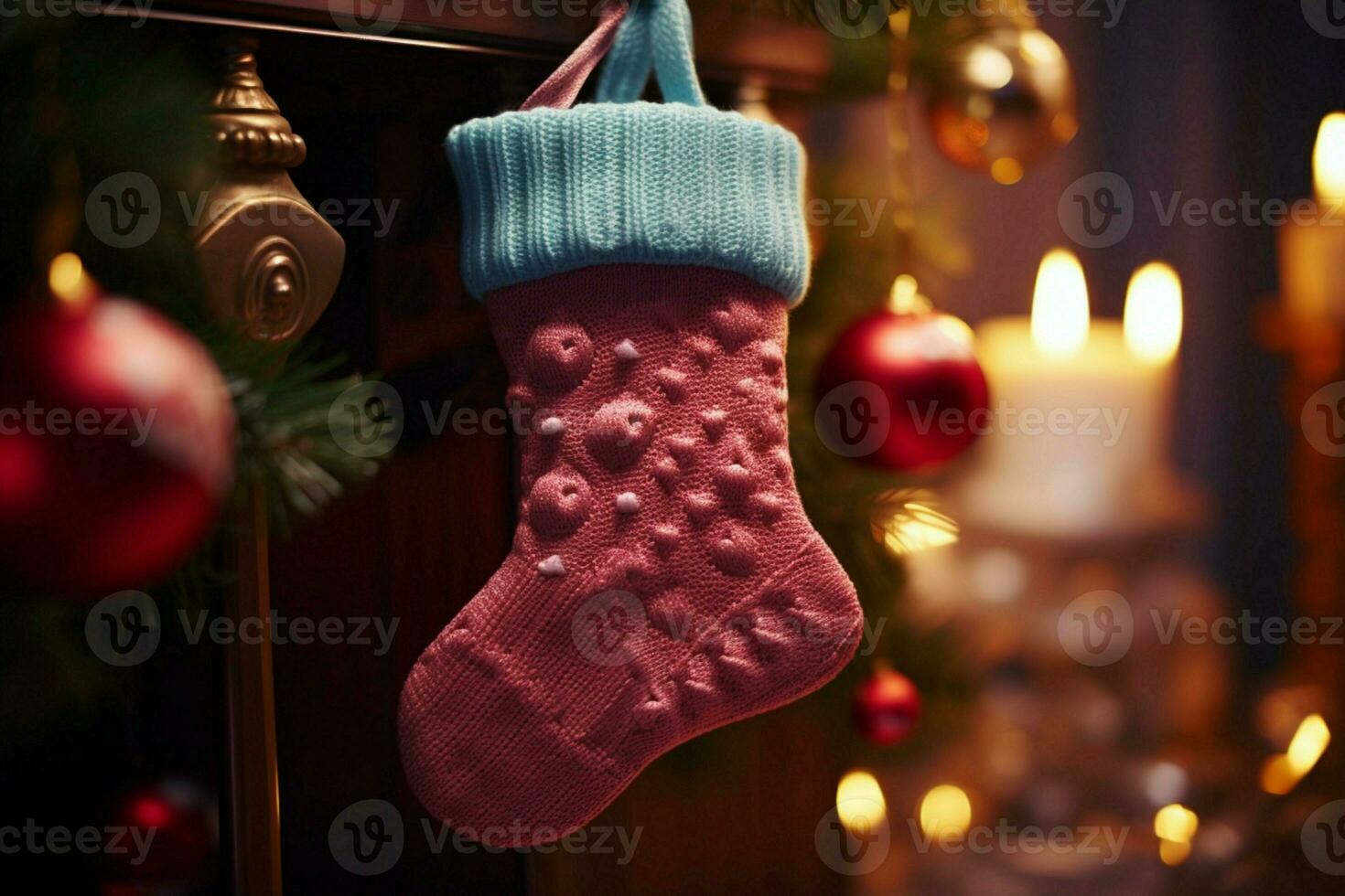 ai generiert Weihnachten festlich Feierlichkeiten rot Socke hing durch das Kamin warten Weihnachtsmänner froh Überraschungen ai generiert foto