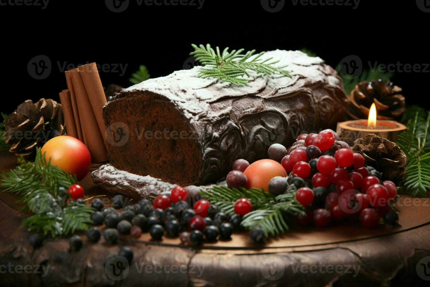 ai generiert klassisch Weihnachten Log ein festlich behandeln Weihnachten Kuchen gerollt und geschmückt zum ein herrlich Feier ai generiert foto