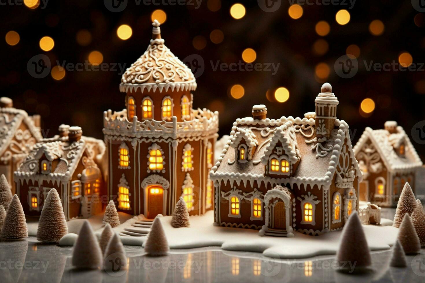 ai generiert Weihnachten Lebkuchen Haus magisch Fee Geschichte Schloss im schneebedeckt Winter von zuckerhaltig Träume ai generiert foto