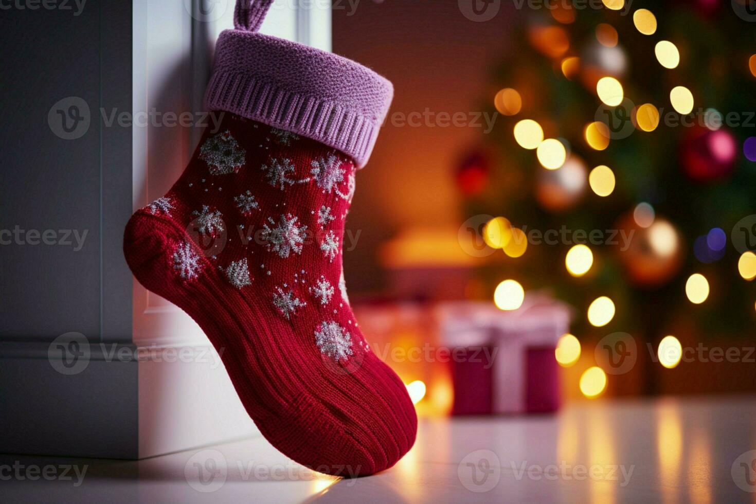 ai generiert Weihnachten festlich Feierlichkeiten rot Socke hing durch das Kamin warten Weihnachtsmänner froh Überraschungen ai generiert foto