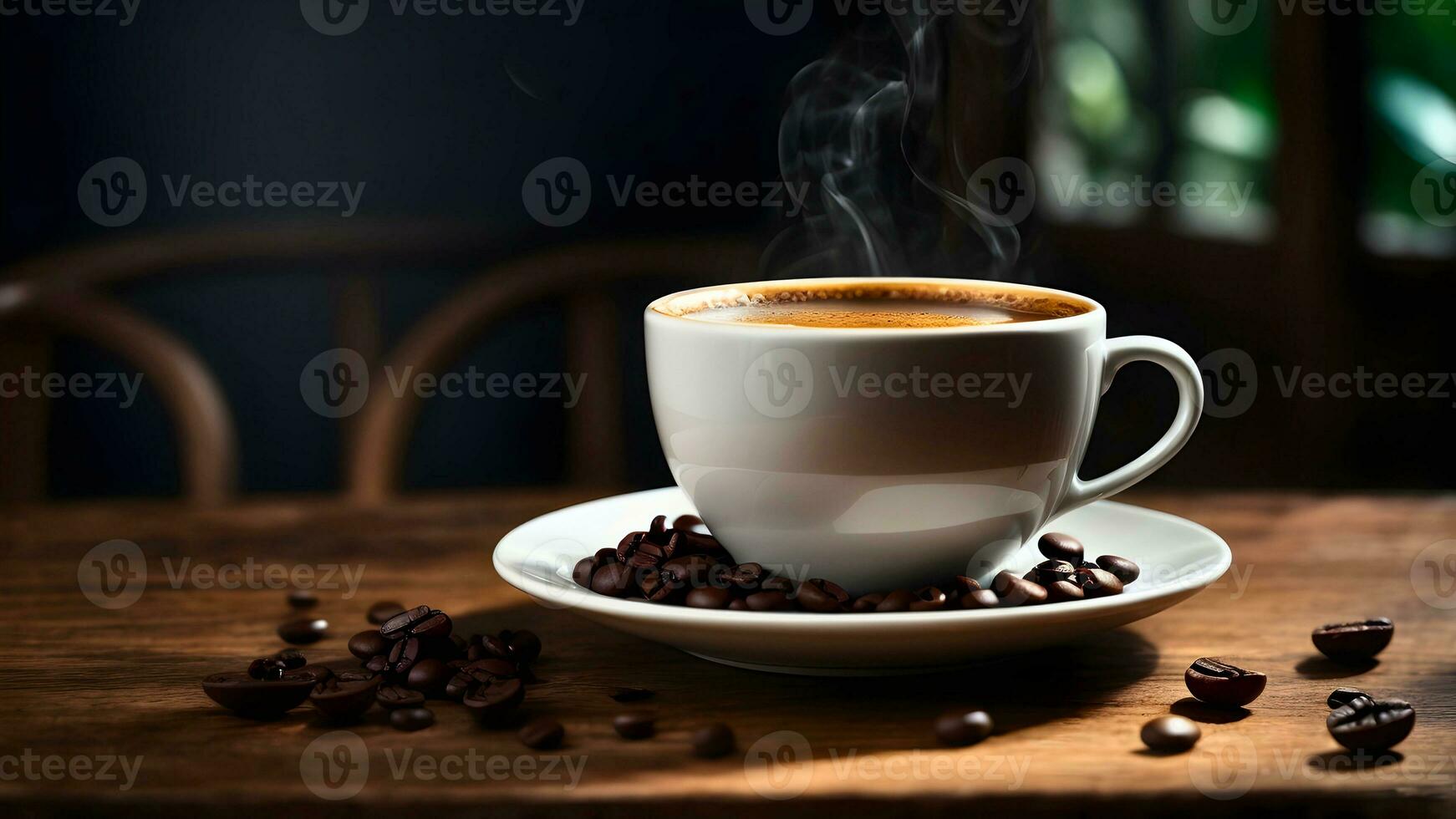 ai generiert Nahansicht von aromatisch heiß Kaffee im ein Weiß Tasse mit Kaffee Bohnen platziert um, auf hölzern Tabelle im ein warm Licht Atmosphäre mit Kopieren Raum foto