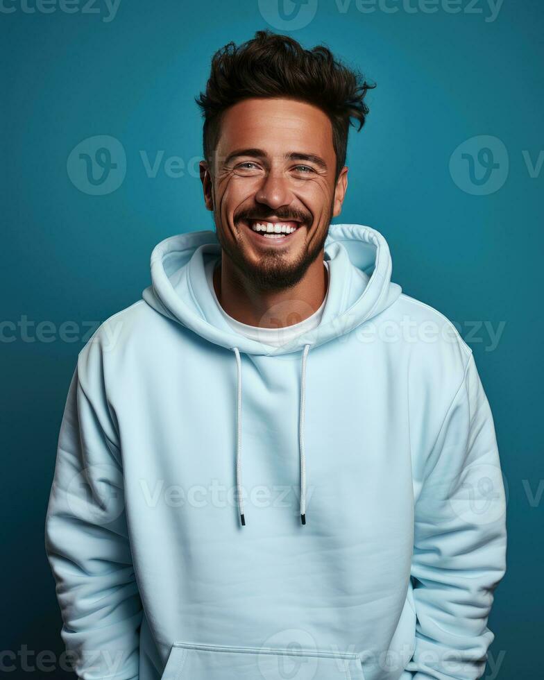 ai generiert jung gutaussehend Mann lächelnd tragen Blau Sweatshirt isoliert auf dunkel Blau Hintergrund , ai generativ foto