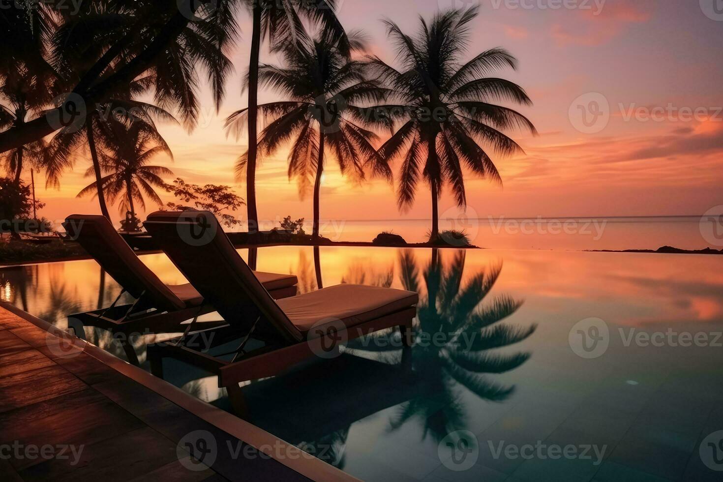 ai generiert schön Sonnenuntergang Schwimmen Schwimmbad im Hotel Resort , Silhouette Luxus Schwimmen Schwimmbad mit Palme Bäume Strand beim Nacht Sonnenuntergang Zeit, ai generativ foto