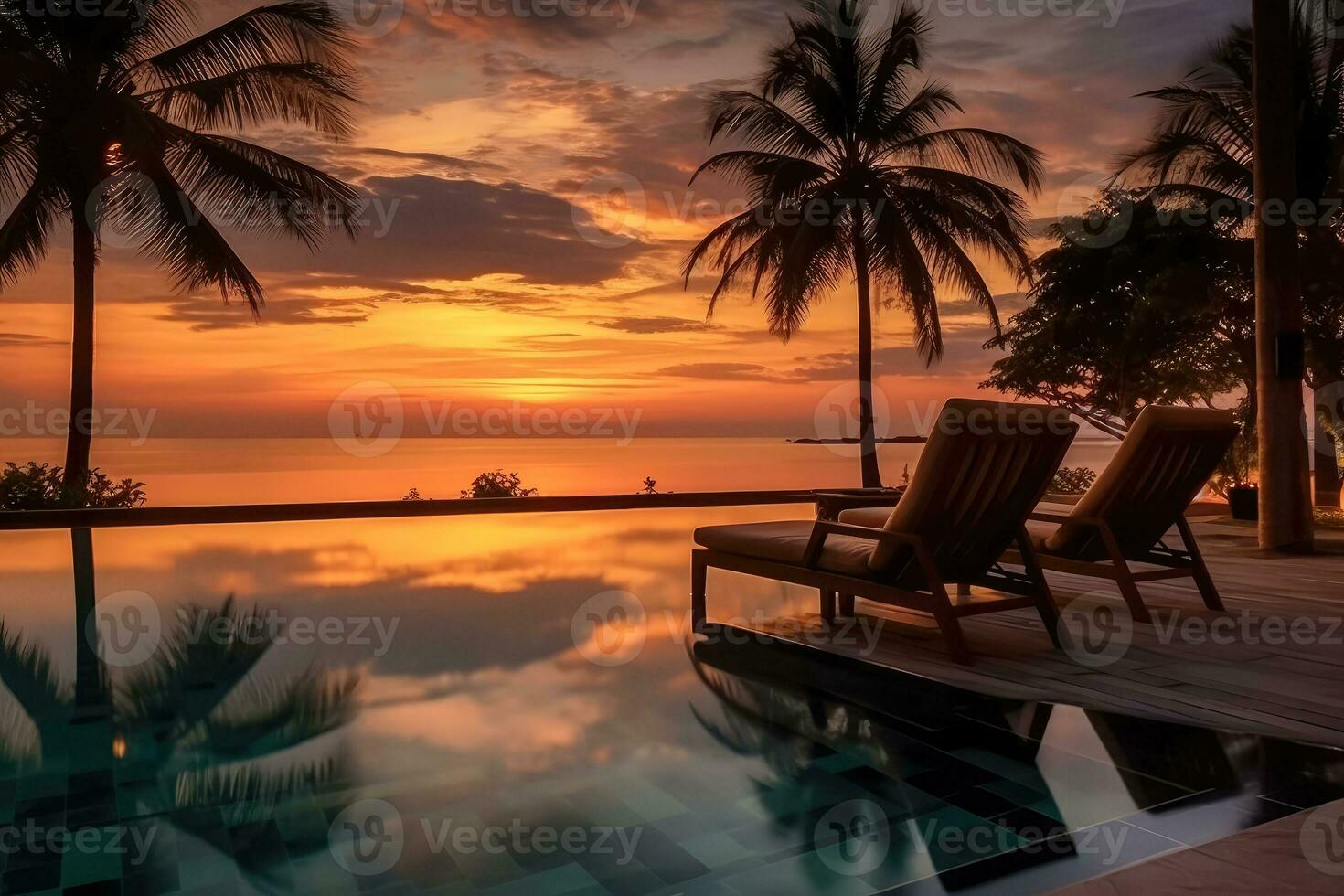 ai generiert schön Sonnenuntergang Schwimmen Schwimmbad im Hotel Resort , Silhouette Luxus Schwimmen Schwimmbad mit Palme Bäume Strand beim Nacht Sonnenuntergang Zeit , ai generativ foto