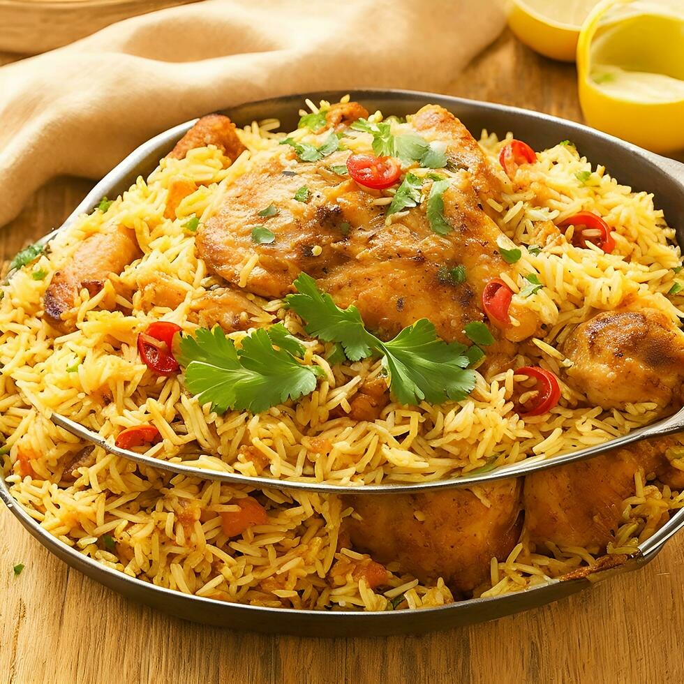 ai generiert Gourmet Hähnchen Biryani mit gedämpft Basmati Reis ai generiert Bilder foto