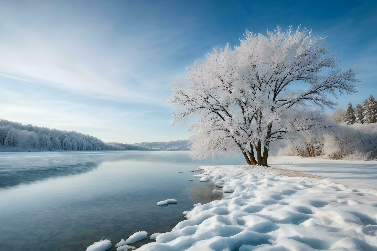 Winter Szene Erfassen das Wesen von ein makellos schneebedeckt Senke eingebettet zwischen majestätisch Schnee gekappt Berge. ai generativ foto