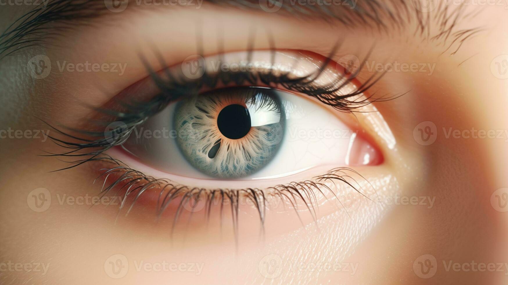 ai generiert ein schließen oben von ein Frau Auge mit Blau Augen foto