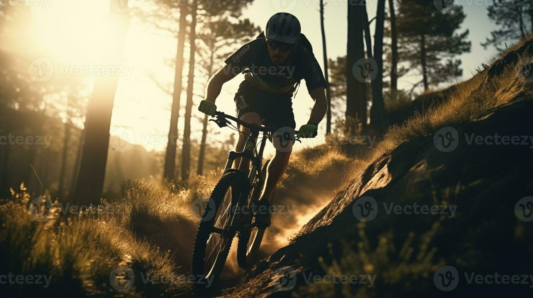 ai generiert ein Mann Reiten ein Berg Fahrrad auf ein Weg foto