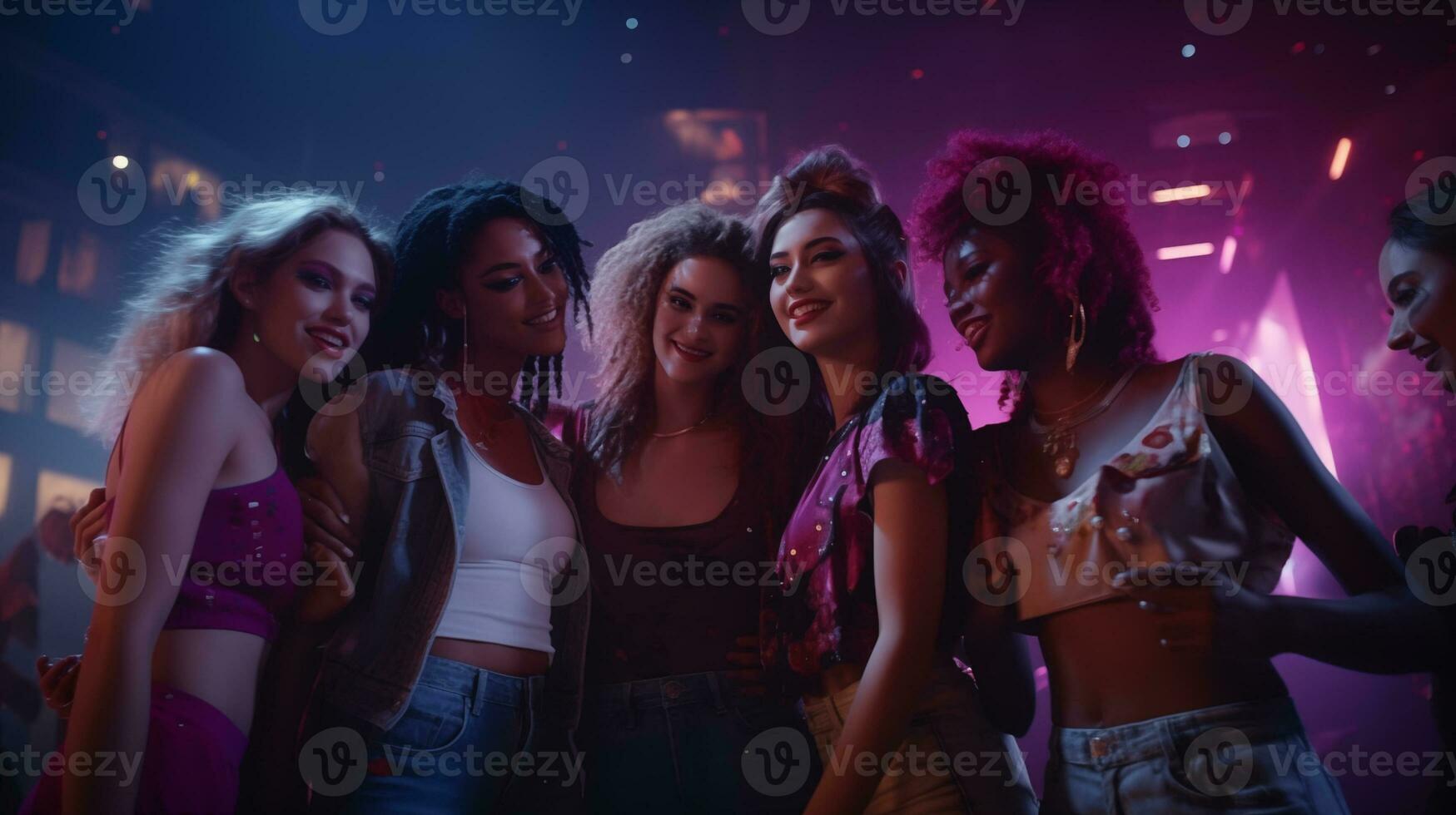 ai generiert ein Gruppe von jung Frauen Stehen zusammen im ein Nachtclub foto