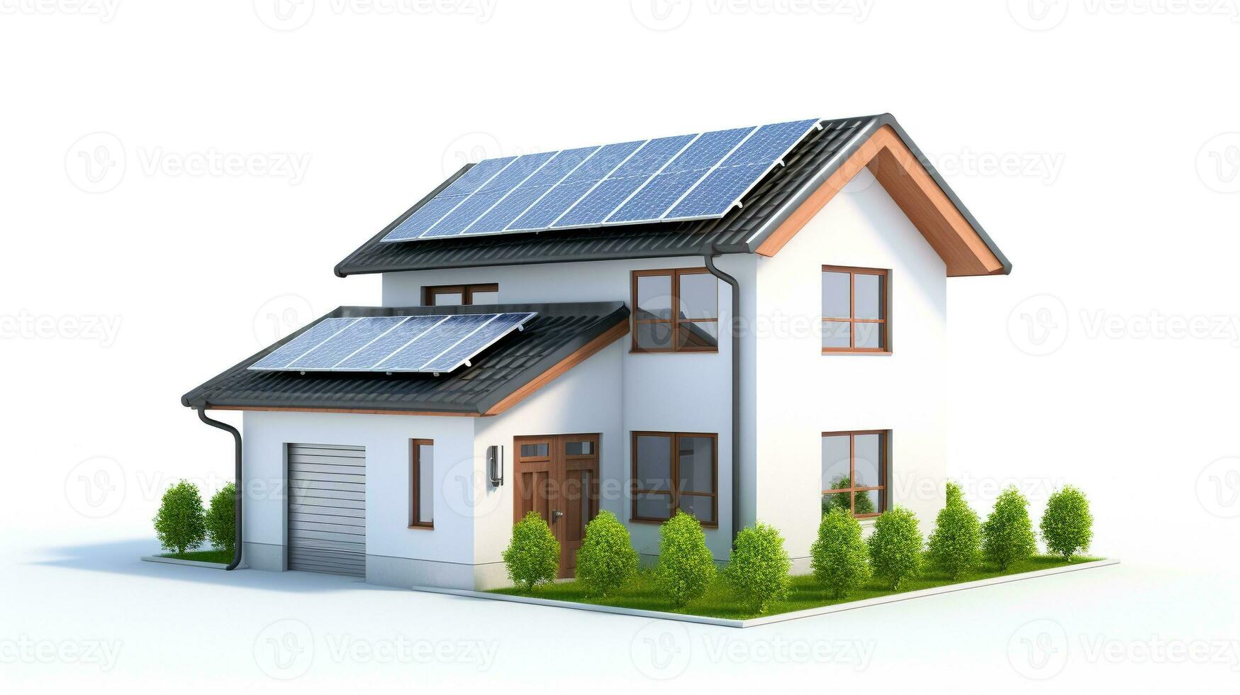 ai generiert Miniatur Haus Modell- mit Solar- Panel auf Dach auf Weiß Hintergrund. Clever Zuhause Energie Speichern Konzept foto