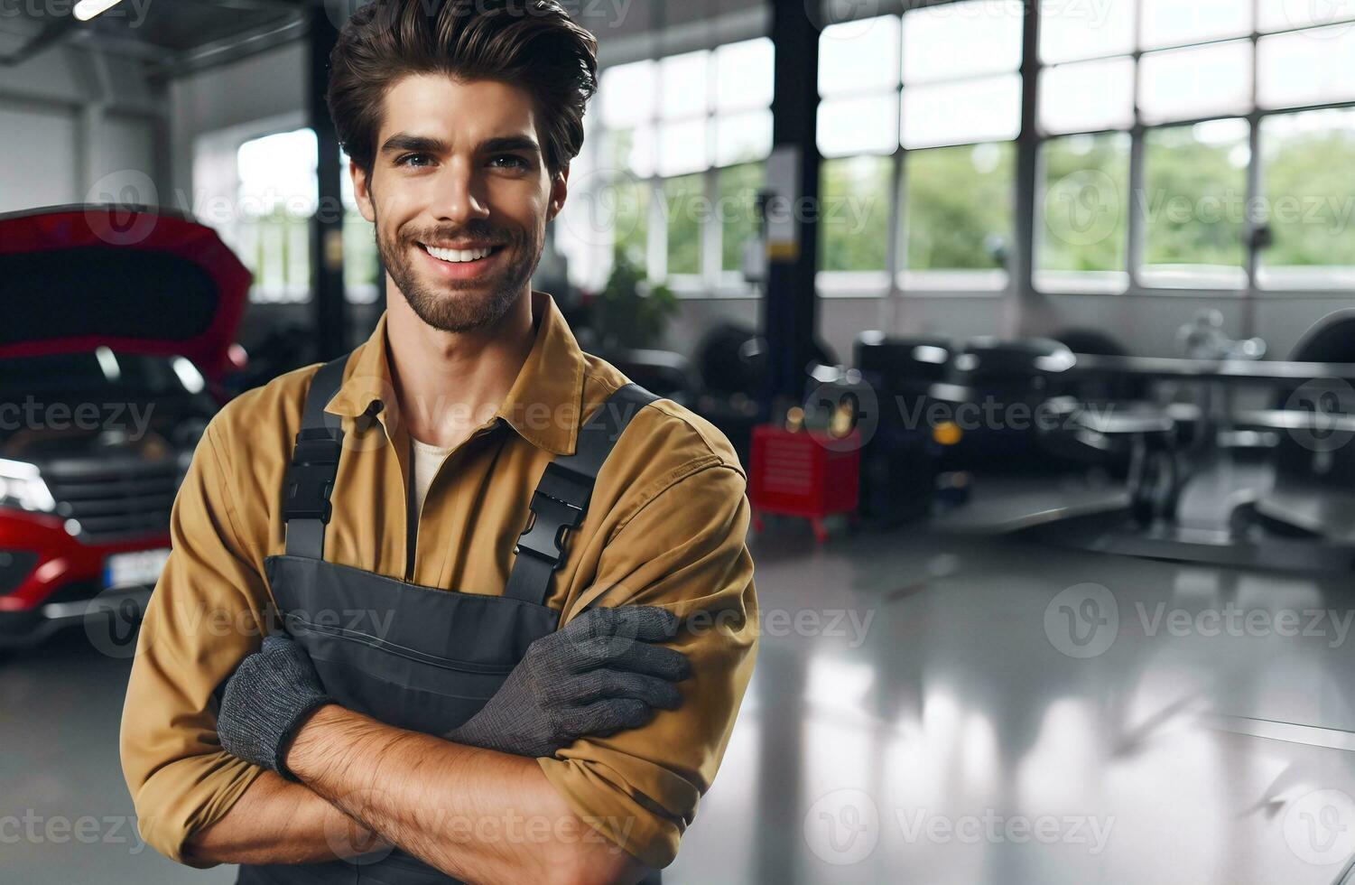 ai generiert Auto Mechaniker Lächeln und Mann posieren, auto Mechaniker Hintergrund, Kopieren Raum foto