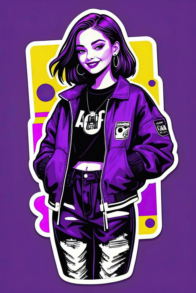 ai generiert stilvoll Mädchen im ein Jacke und Jeans. Pop Kunst Illustration. foto