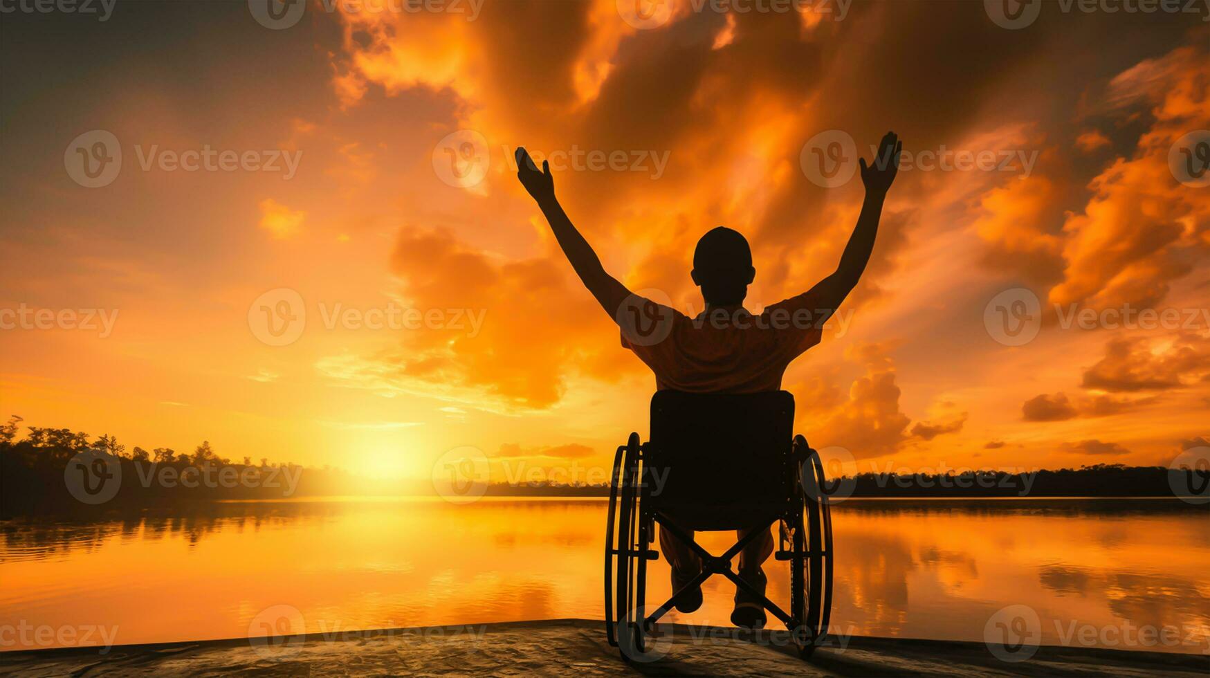 Silhouette von deaktiviert Mann auf Rollstuhl beim das Strand während Sonnenuntergang, deaktivieren Tag foto